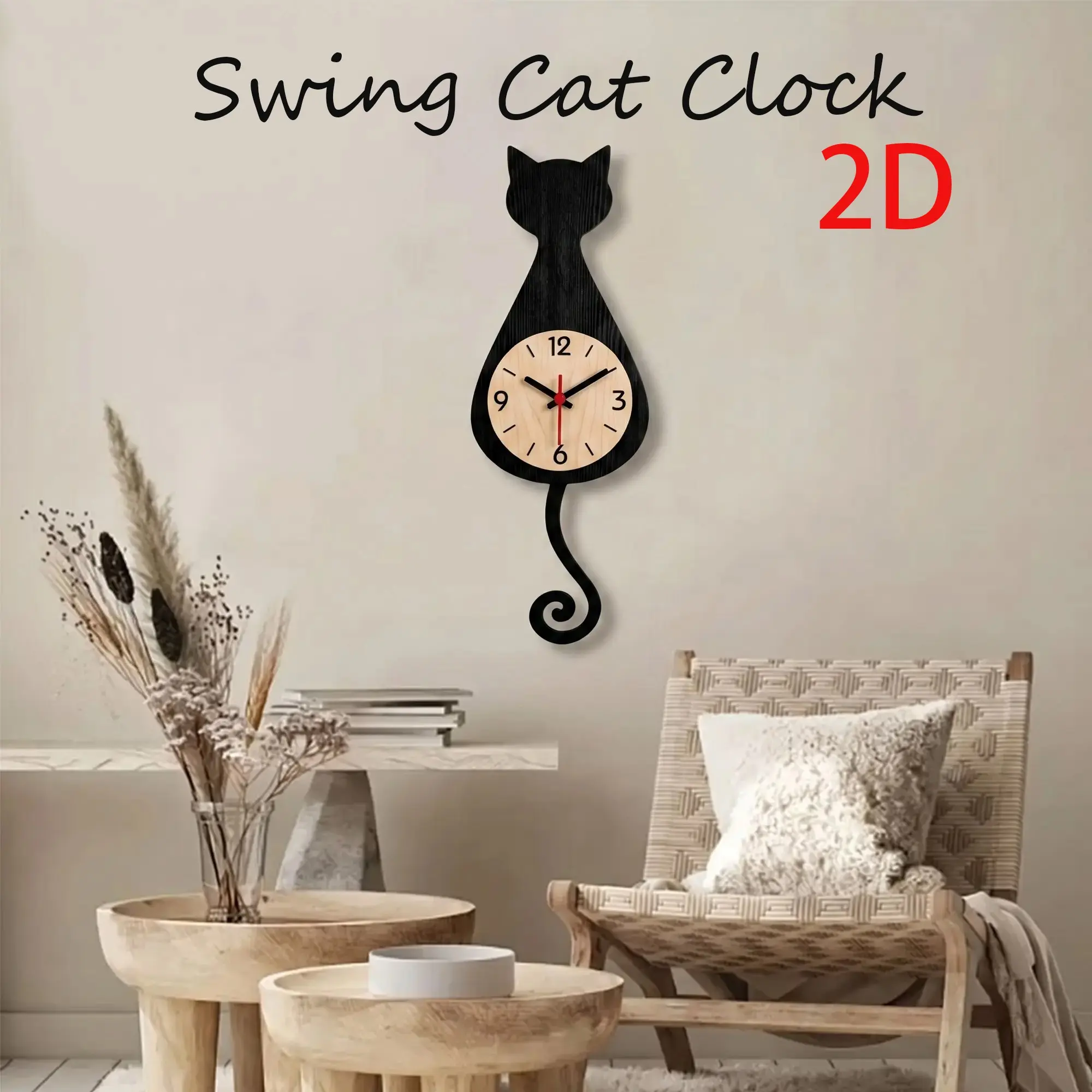2D Cat Swing Pendulum Wall Clock, Wooden Decor, Silent Battery-Powered, Ideal for Living Room, Bedroom, Office, Kitchen, Bathroom, Birthday Gift