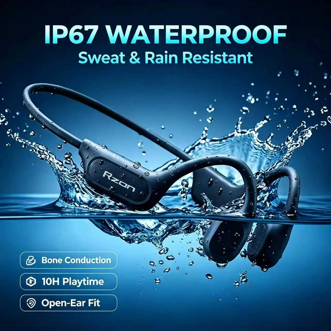 Rzon Ip67 Waterproof Bone Conduction Earphones, Open-Ear Wireless Sports Earbuds, Bluetooth-compatible Headphones for Running, Cycling, Fitness, Outdoor Activities
