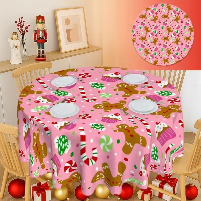 2D Flat Party Tablecloth 1pc, Gingerbread Pattern, Christmas Round Tablecloth, Holiday Decor, Wedding, Picnic Decoration