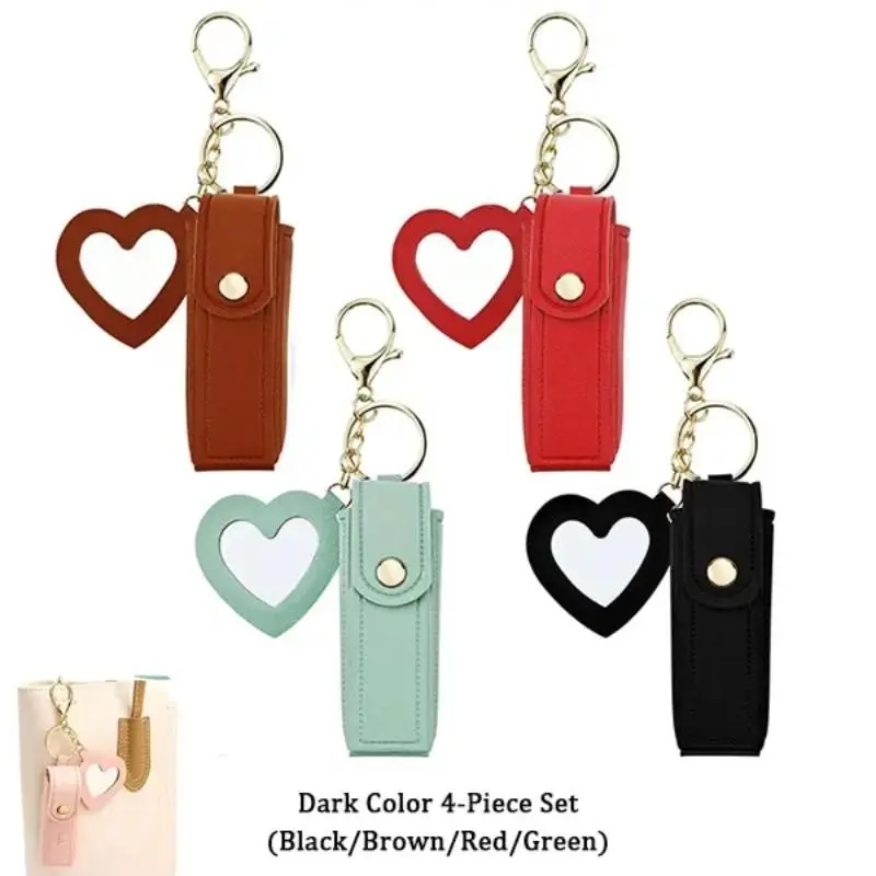 4-Piece Set Cute Heart Mirror Decor Lipstick Holder Bag Charm, Metal Snap Closure Keychain Mini Makeup Bag, Portable Travel Touch-Up Cosmetic Storage Bag Charm, Fashion Versatile Bag Pendant Four-Piece Suit for Girls Daily Outfit Matching