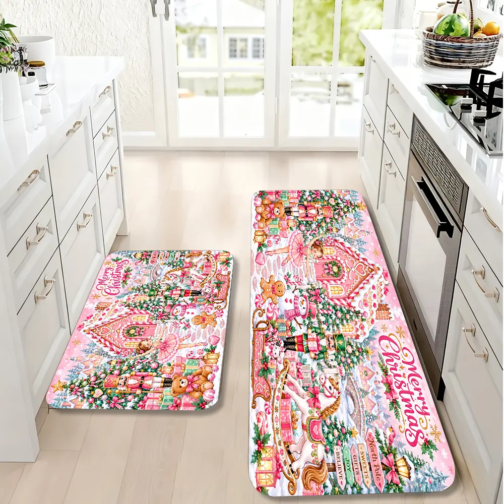 1/2/3PCS Pink Christmas Wonderland Diatomite Floor Mat – Nutcracker, Ballerina, Gingerbread House & Candy Holiday Design, Super Absorbent, Quick-Drying, Non-Slip Rug for Bathroom, Kitchen & Entryway