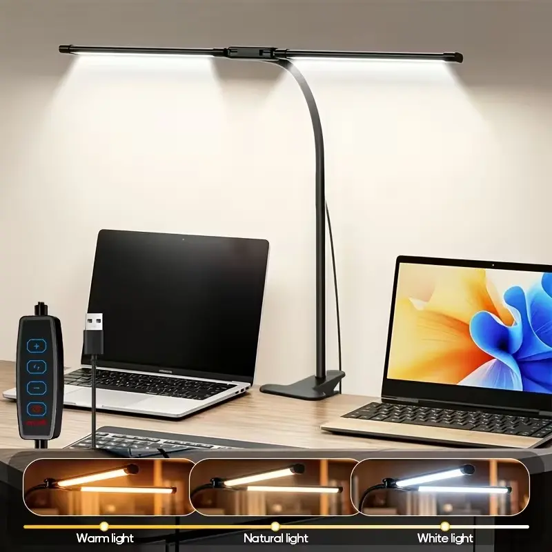 Smart Three-Color LED Desk Lamp, Dual Head USB Clip Lamp, 10 Brightness Levels, Dimmable Lamp, Adjustable Flexible Neck, Computer Screen Light, Reading & Study Lamp