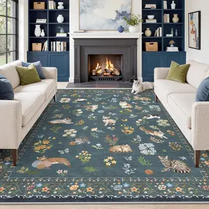 [Summer Win] ComiComi Cat & Floral Vintage Area Rugs for Living Room,Kid's Room,Waterproof&Machine Washable,Noise-Reducing,Non-Slip,Low Pile Soft Throw Large Rugs for Bedroom Dining Room Nursery Playroom boho runner,Non-Slip TPR Rugs,Blue/Pink/Beige