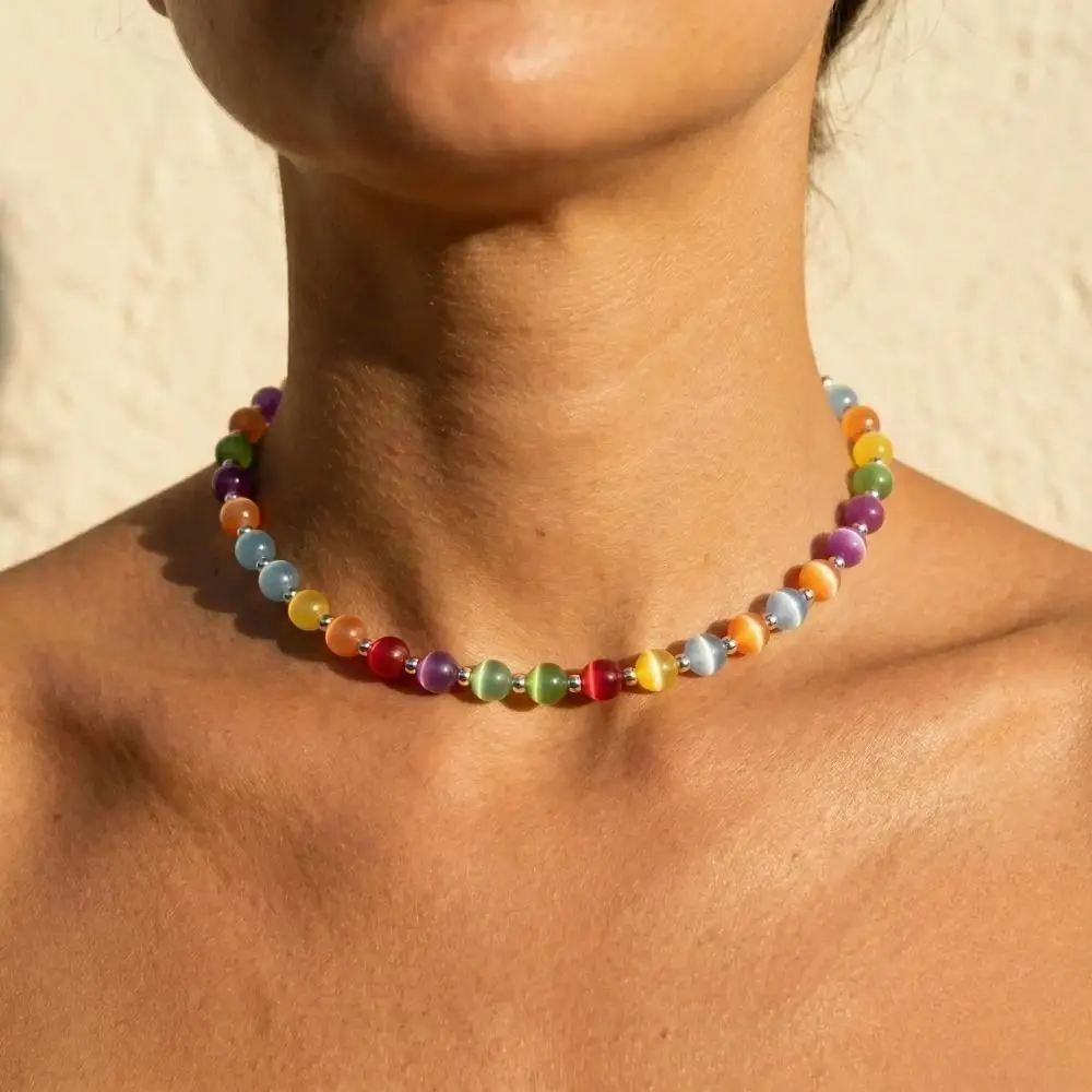 2026 New Sofia Dopamine Rainbow Beaded Choker Necklace - Adjustable Beaded Design Dainty Colorful Beaded Necklace, Waterproof Stainless Steel Stackable Summer Bag Charm Accessory with Magic in Action