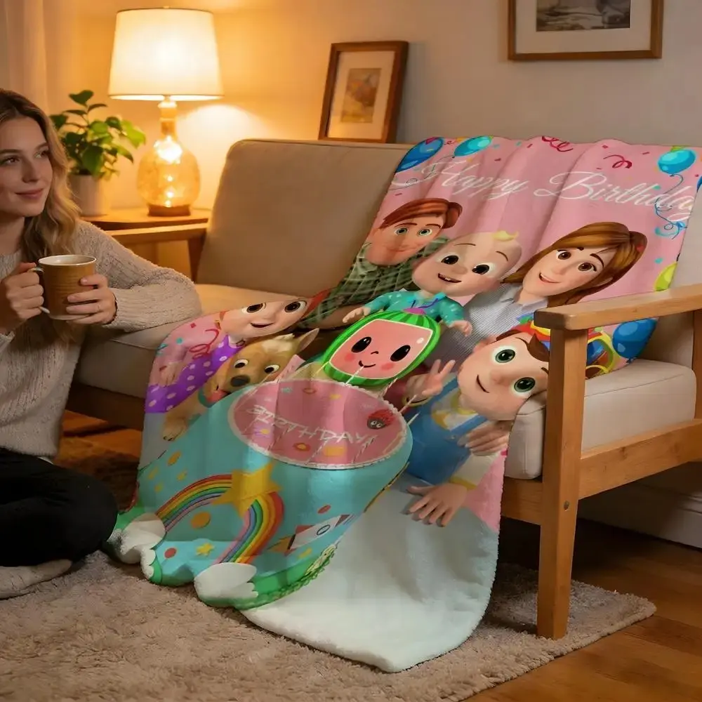 High-Density Short Plush Throw Blanket - High-Quality Cotton, Soft Skin-Friendly, Full Print Cocomelon Party Theme for Sofa Nap Time, Air-Conditioned Rooms, Multi-Size