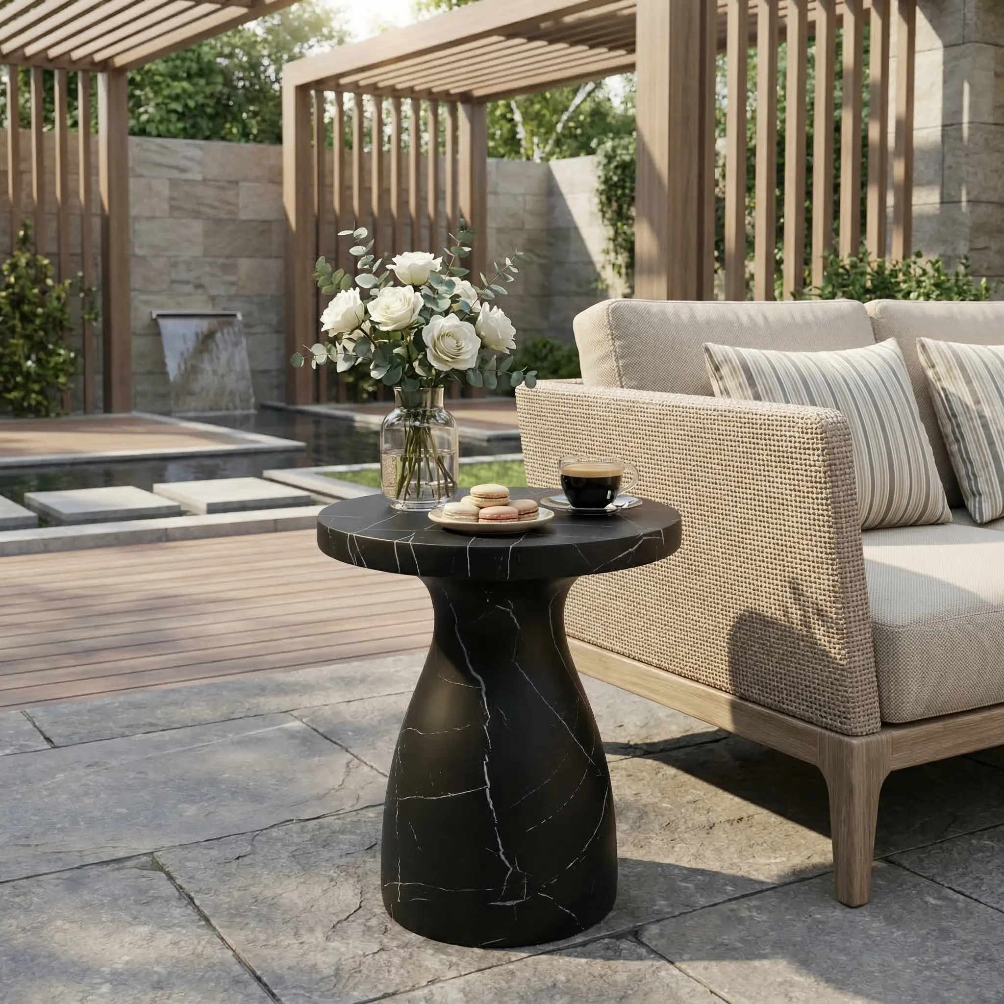 ARCH Outdoor Travertine MGO Side Table Light Weight Concrete End Table Black Marble Effect Weatherproof Patio Garden Balcony Furniture No Assembly Required 20x20x23 Inches, Black Color Options, Concrete Material, Product Dimensions: 20.00 W x 20.00