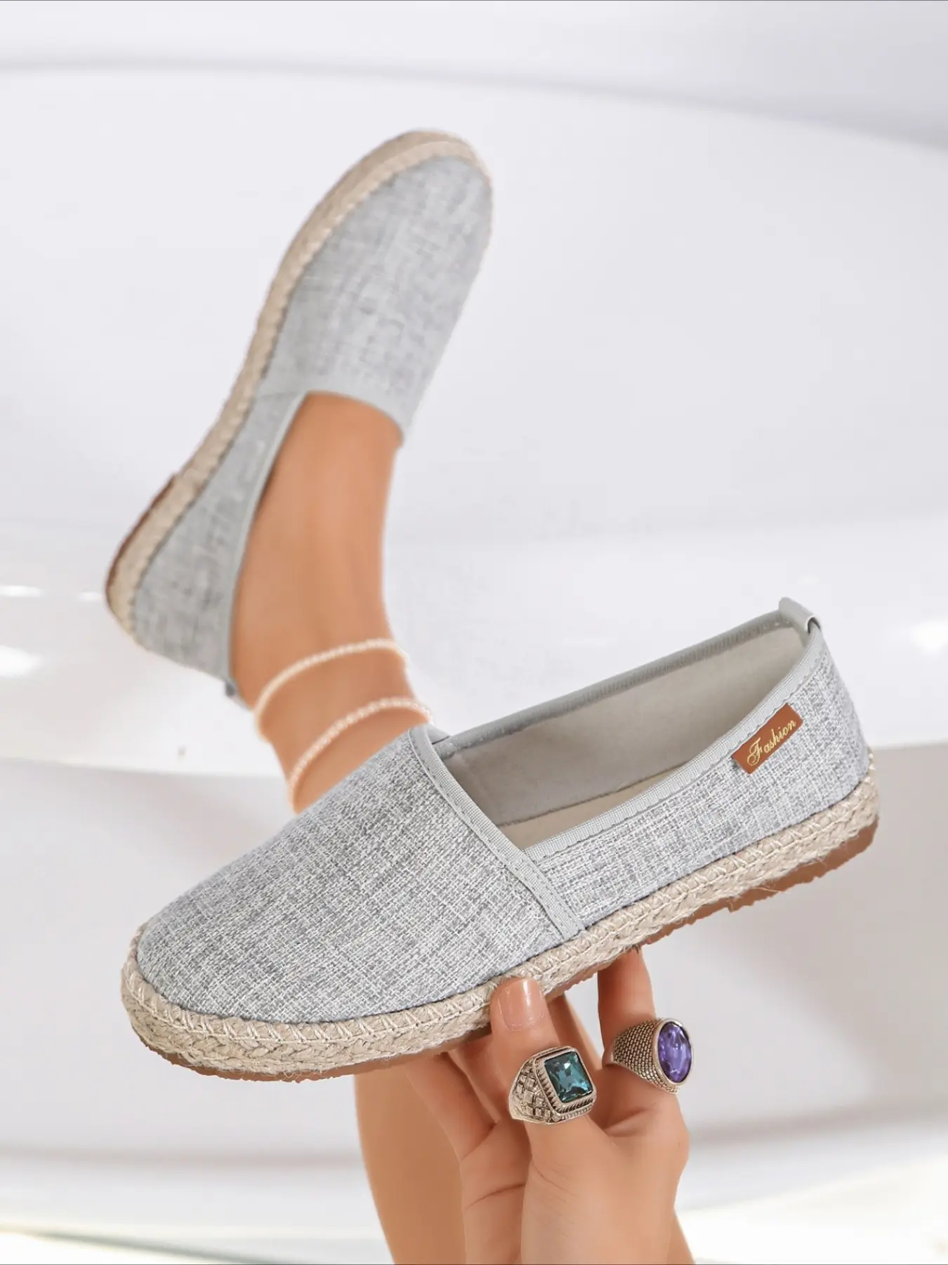 Woven slip-on espadrilles with soft breathable soles, comfy daily wear, four colors available.
