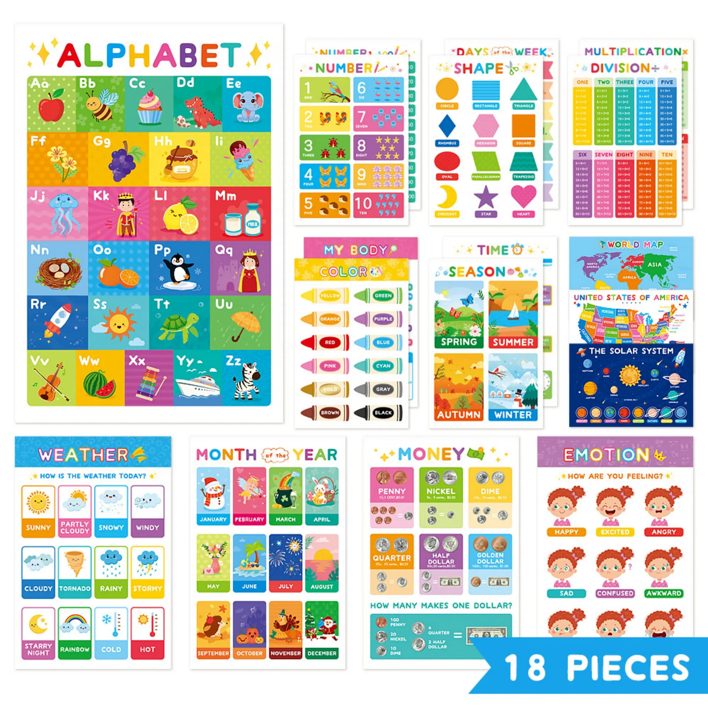 18-Piece Large Pre-K Poster Set (11x16.5 Inches), Modern Laminated Learning Charts, Teaching Supplies, Perfect Home & Classroom Wall Decor
