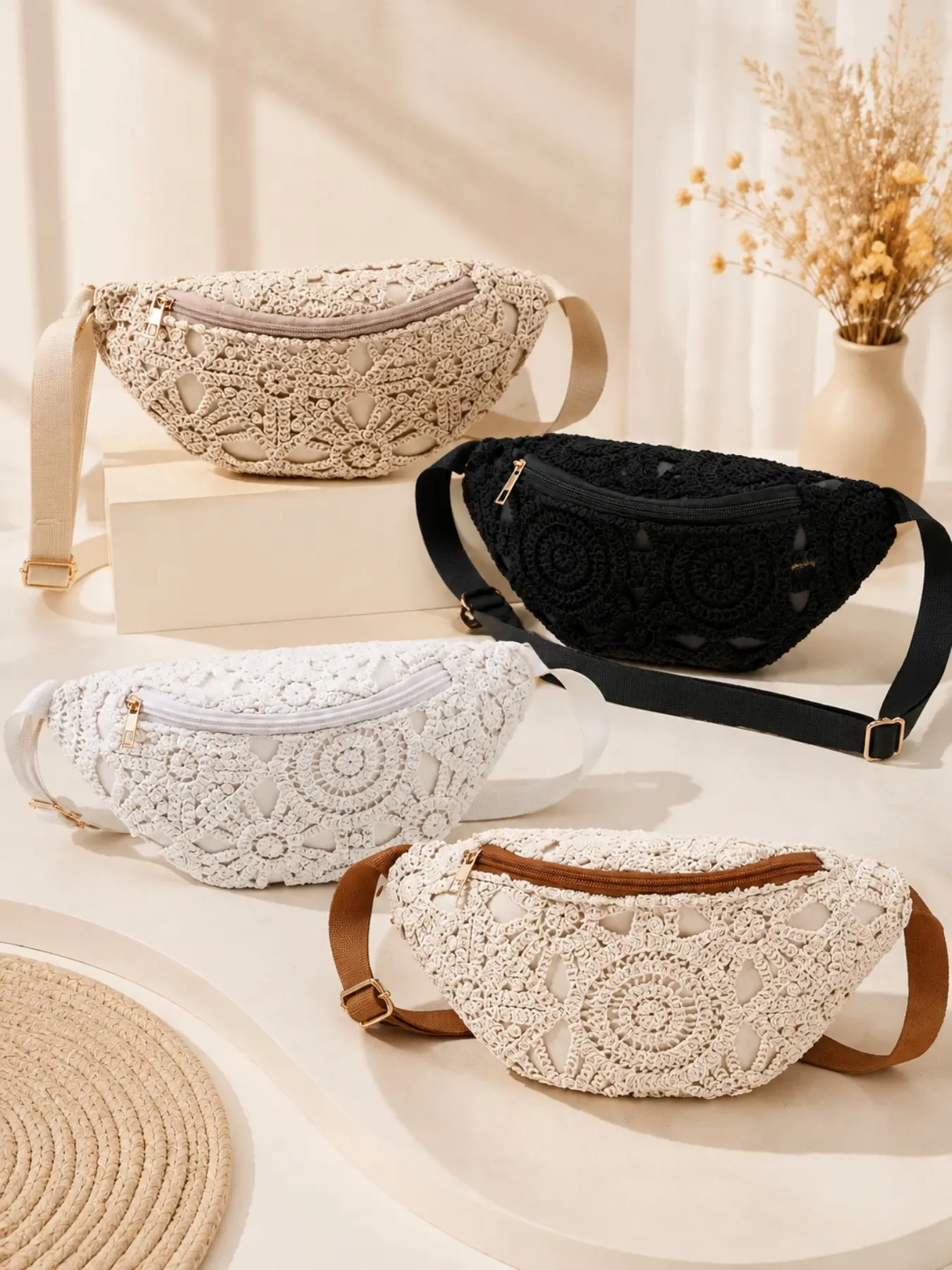 Women’s Crochet Belt Bag, Boho Woven Crossbody Fanny Pack with Adjustable Strap, Hollow Out Summer Shoulder Bag for Beach Travel & Festival Outfit
