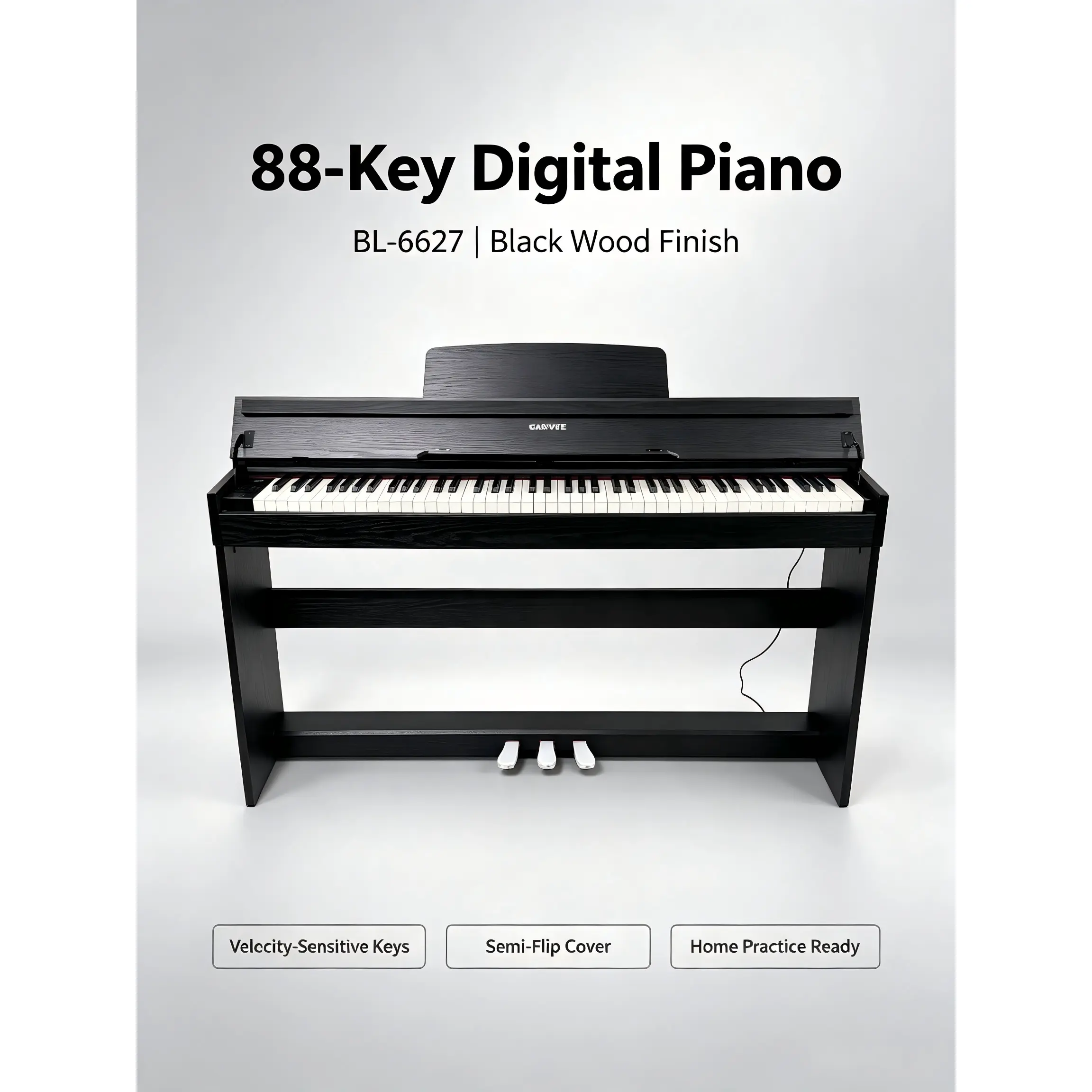 88-Key Velocity-Sensitive Digital Piano BL-6627 | Black Wood Finish | Semi-Flip Cover Electric Piano for Beginners, Home Practice & Music Learning