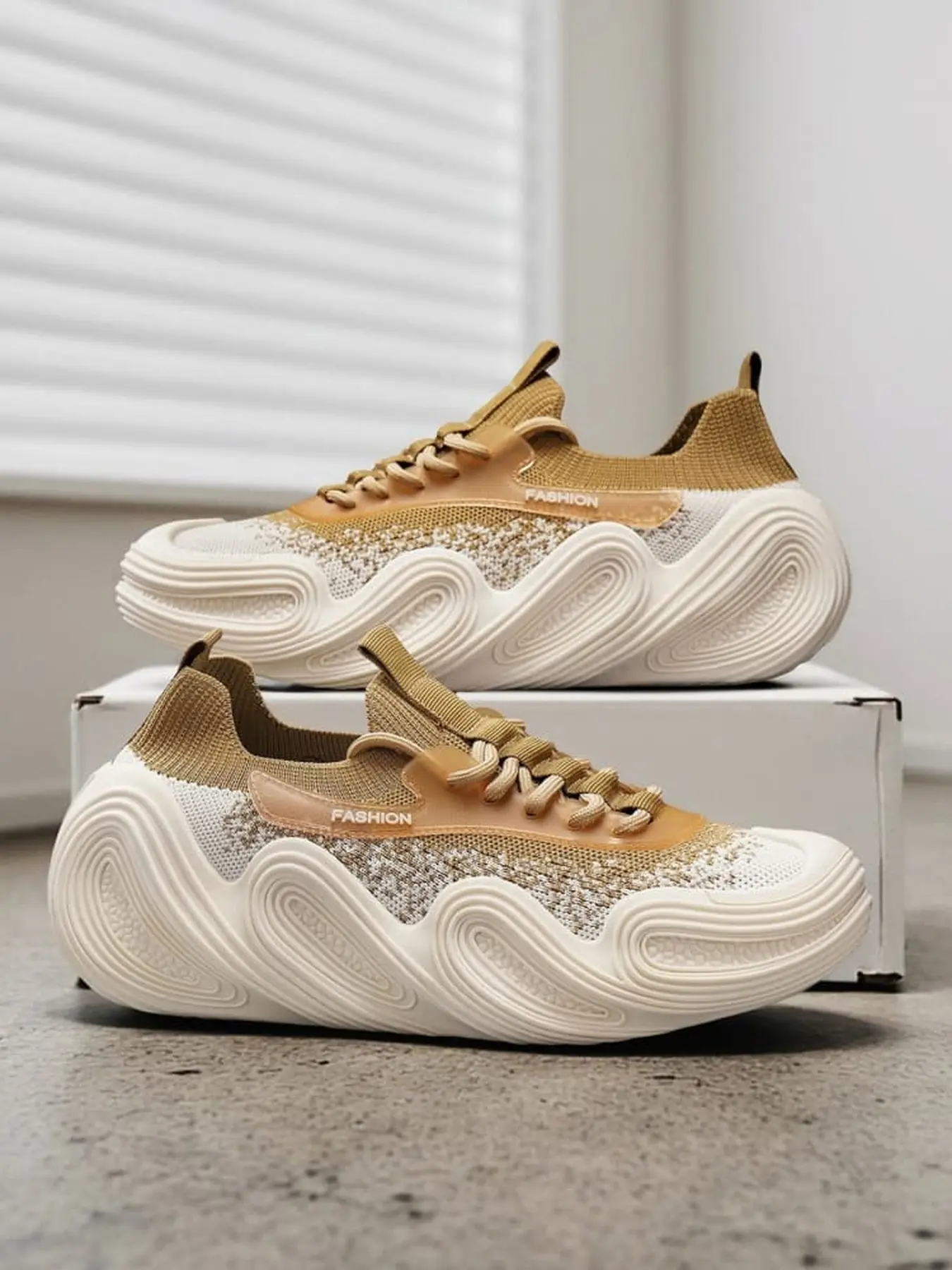 Street trendy lift flyknit dad shoes for men, stretch sock opening wave soft sole, multi-color versatile commute footwear
