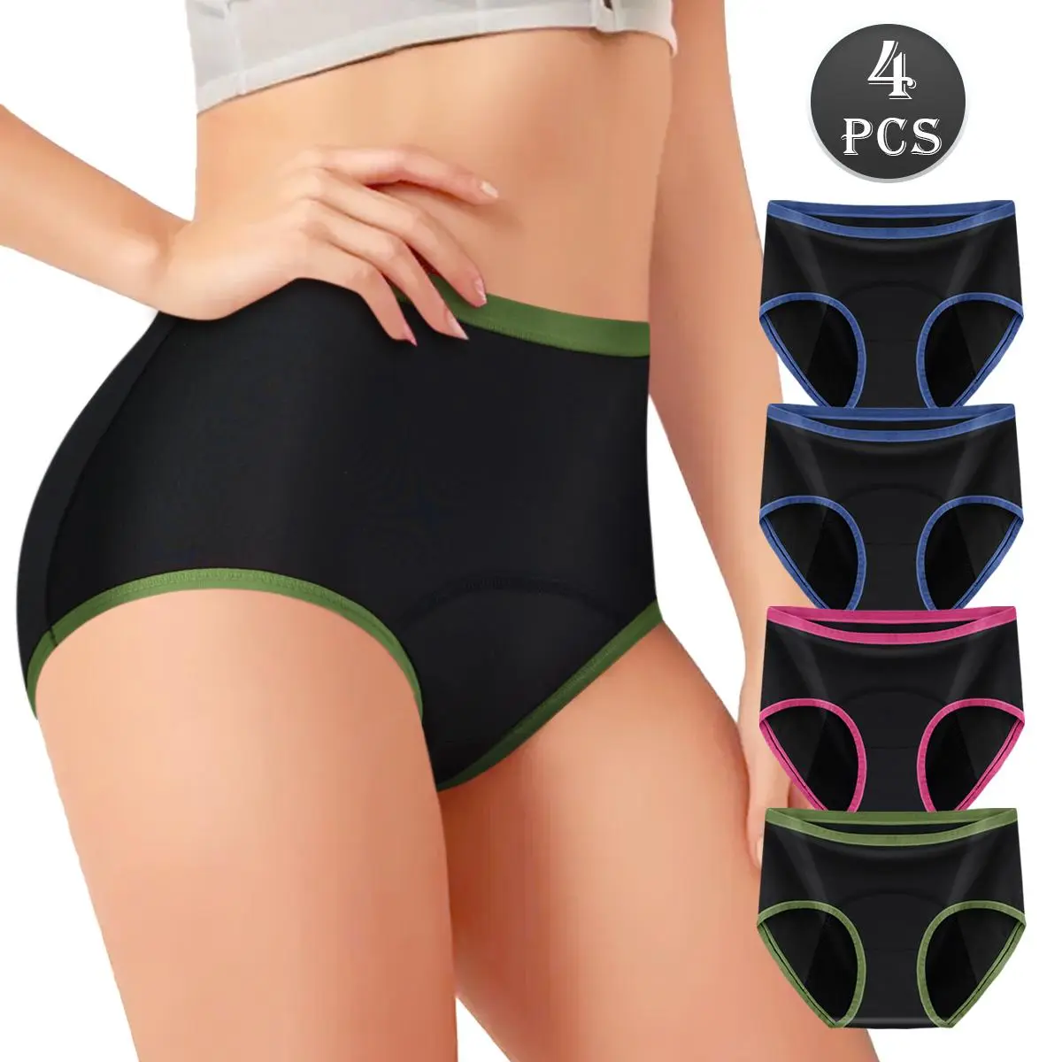QUASTI 4PCS Women's Period Underwear, Mid Rise Menstrual Panties, Leakproof Briefs for Women, Full Coverage Period Briefs with Soft Stretch Fit, Comfortable Reusable Menstrual Underwear, S-XXL