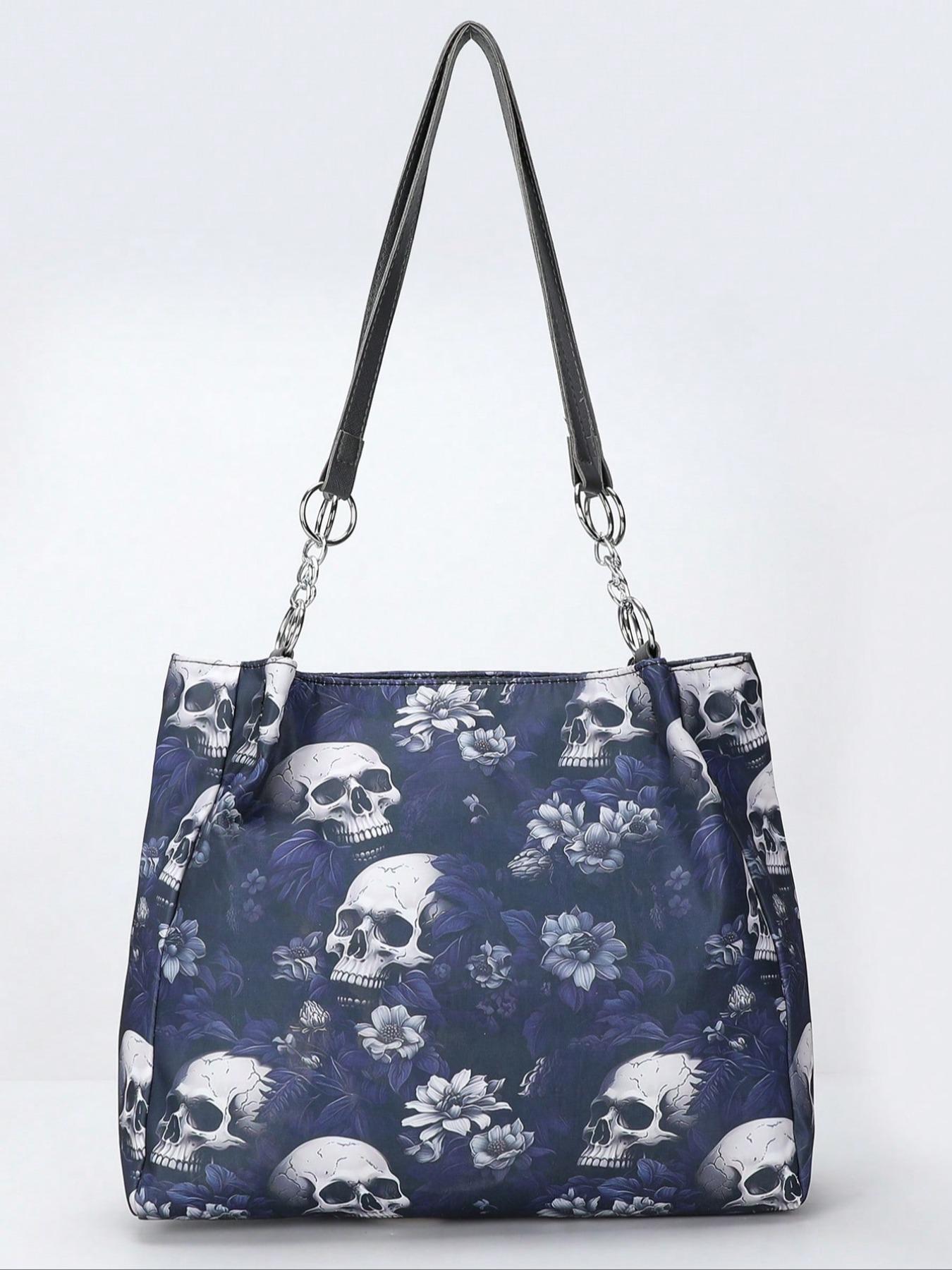 Fashion Skull & Flower Pattern Zipper Shoulder Bag, Casual Large Capacity Tote Bag for Women, Trendy All-match Bag for Daily Use,  Work Bags