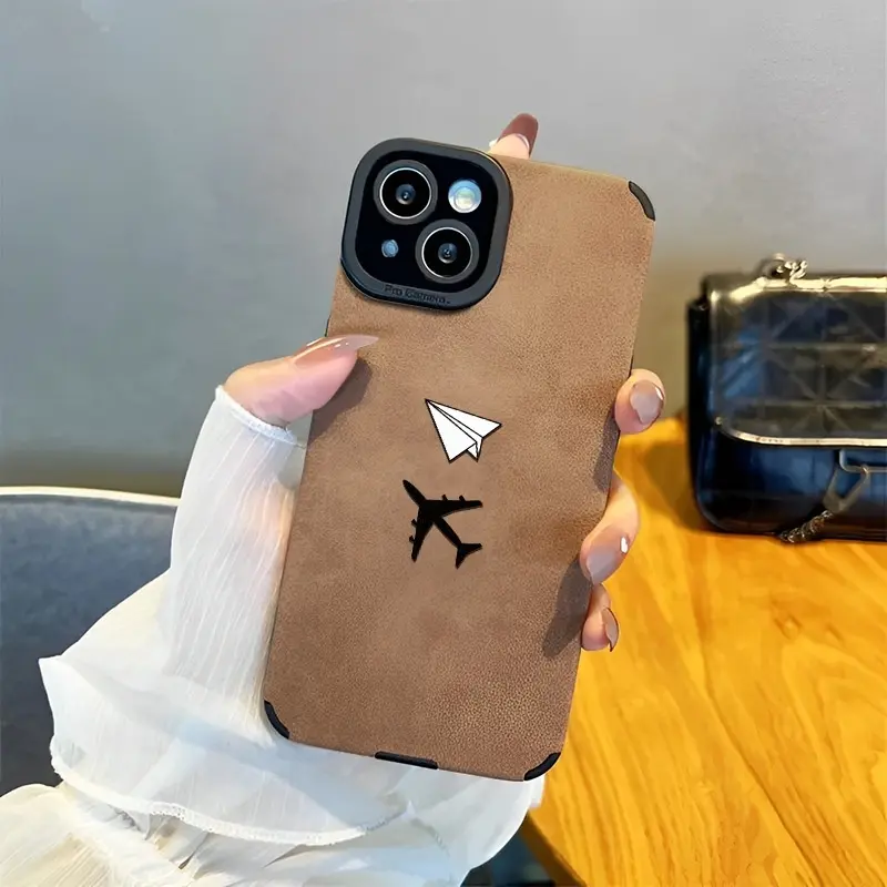 Paper Plane & Jet Airplane Faux Leather Phone Case For iPhone 17 16 15 14 13 12 11 Pro Max Plus XS Max, Large Camera Window Shockproof TPU Protective Cover, Wanderlust Travel Minimal Aesthetic Anti-Scratch Texture Case