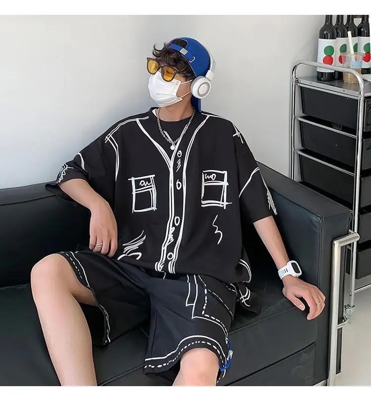 Summer Elegant Fashion Harajuku Slim Fit Ropa Hombre Loose Casual All Match Sports Suit Ice Shreds Short Sleeve Two Piece Set