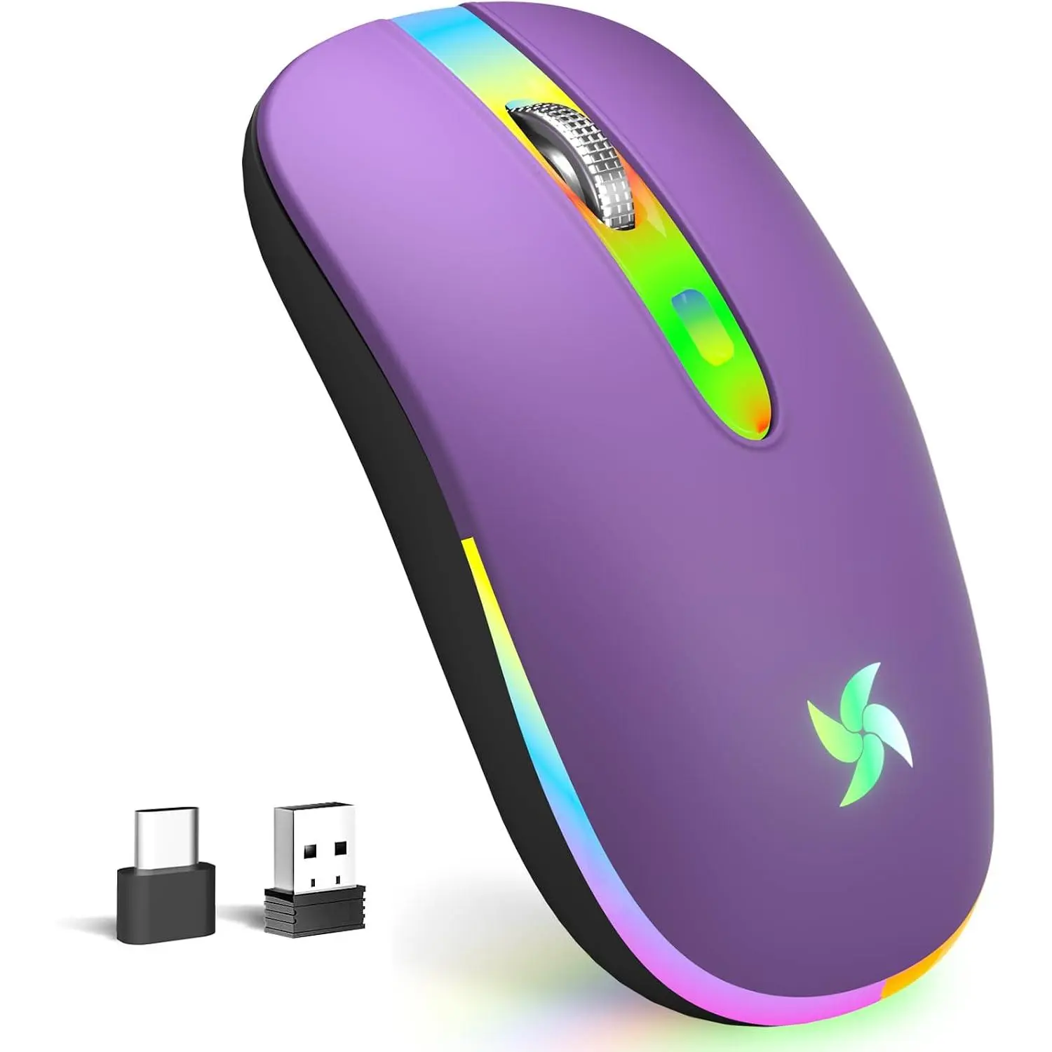 RGB LED Gaming Mouse - Slim Silent Lightweight Rechargeable 2.4G Portable USB Optical Mouse with Type-C USB Adapter, 3 Adjustable DPI (1600/1200/800), Energy-Saving Features for Laptop/Tablet Work & Any Occasion