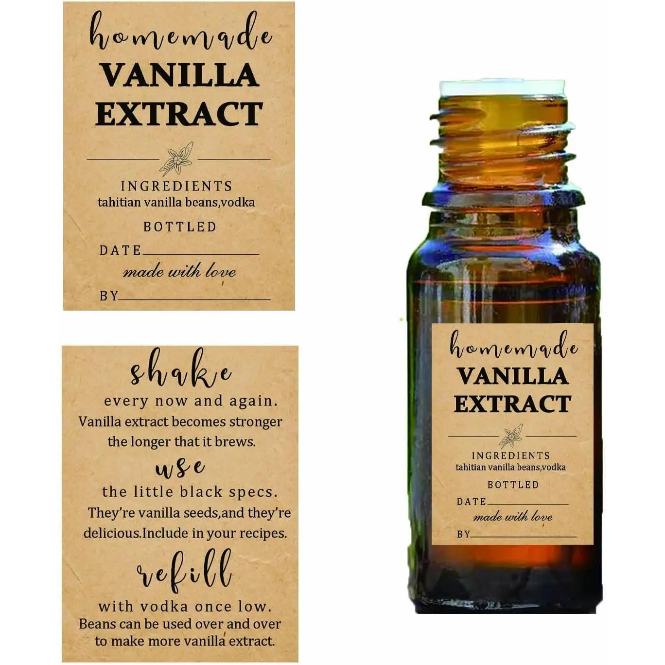 48 Pack  Homemade Vanilla Extract Stickers 1.5×2 inch Square Personalized Vanilla Instruction Labels for Handcrafted Bottles,Jar Kitchen Pantry