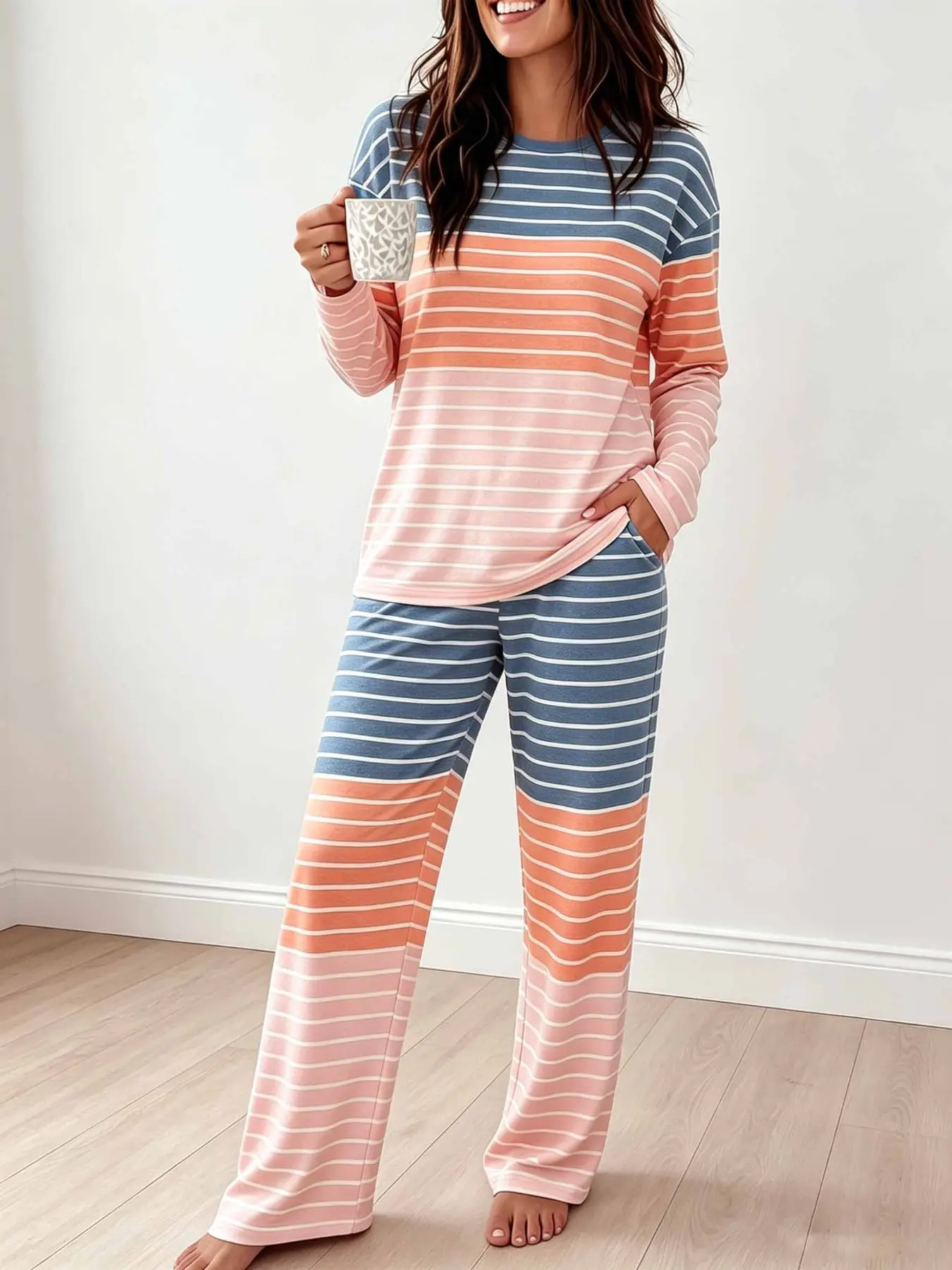 Women's Colorblock Striped Pajama Set, Long Sleeve Round Neck Loose Fit Pants, Soft Elastic Home Wear, Two-Piece Casual Sleepwear