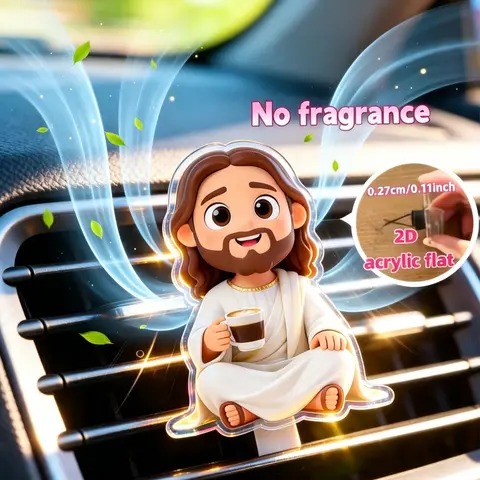 1Pc Jesus Holding Coffee Cup Car Air Vent Clip, 2D Acrylic Christian Figurine, Creative Religious Car Interior Decor, Car Accessories, Vehicle Decor, Gift for Christian Friends & Coffee Lovers, Birthday & Driver Gift