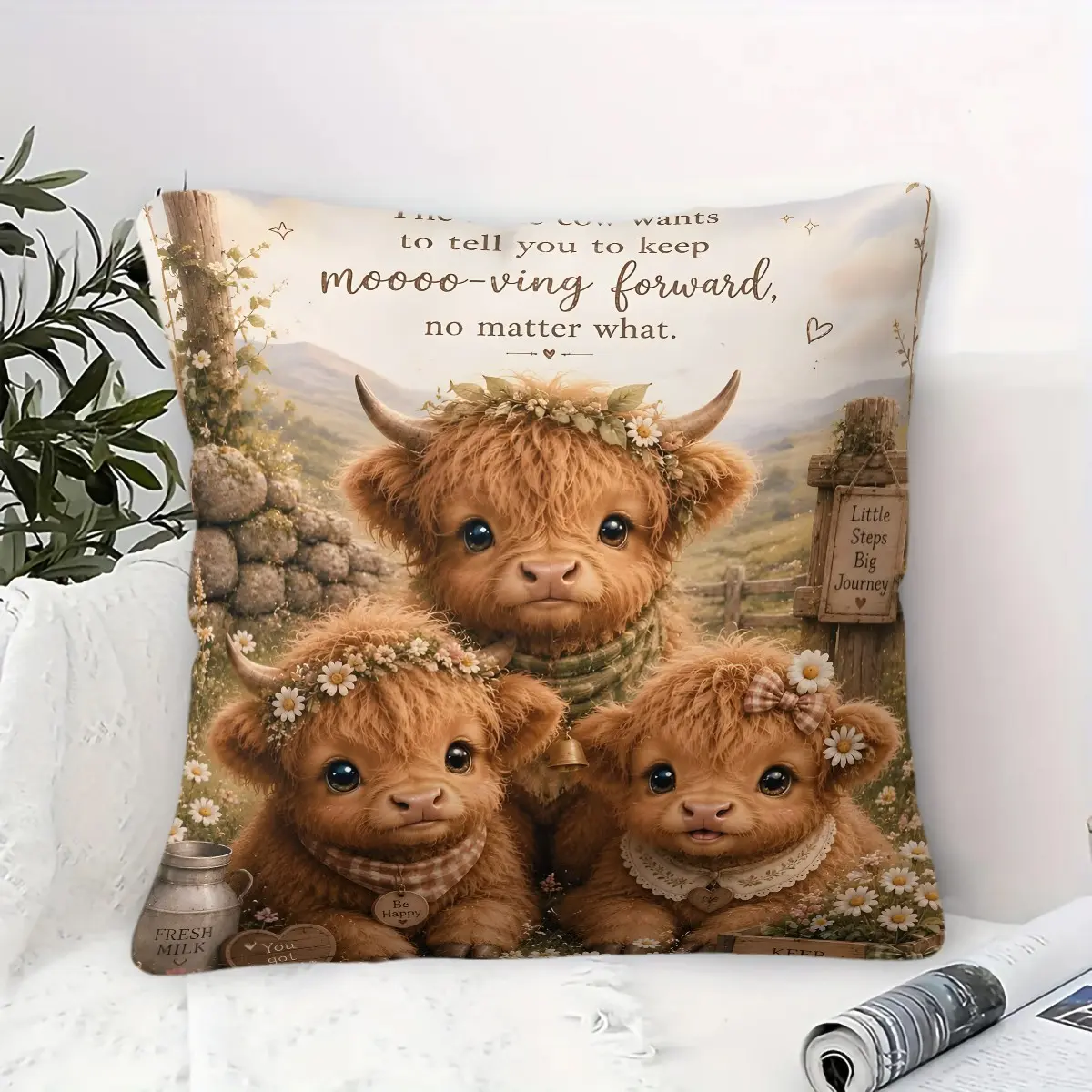 Cute Highland Cow Calf Pattern Throw Pillow – Cushion Featuring Three Baby Cows and flowers Prints; Ideal for Girls' and Children's Cottage-Style Bedroom Decor; Soft, Comfortable, and Perfect for Sofas, Chairs, or Beds (45x45cm, 1 Pcs, Insert Included)