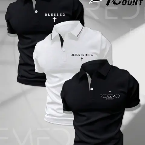 3 Pack Christian Faith Men Polo Shirts Blessed Jesus Is King Redeemed Bible Quote & Cross Chest Prints Button Placket Neat Collar Soft Wrinkle-resistant Fabric Short Sleeve Polos For Church Work Golf Daily Religious Occasions