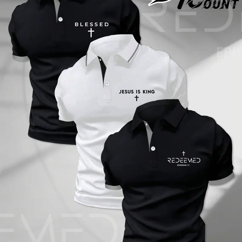 3 Pack Christian Faith Men Polo Shirts Blessed Jesus Is King Redeemed Bible Quote & Cross Chest Prints Button Placket Neat Collar Soft Wrinkle-resistant Fabric Short Sleeve Polos For Church Work Golf Daily Religious Occasions