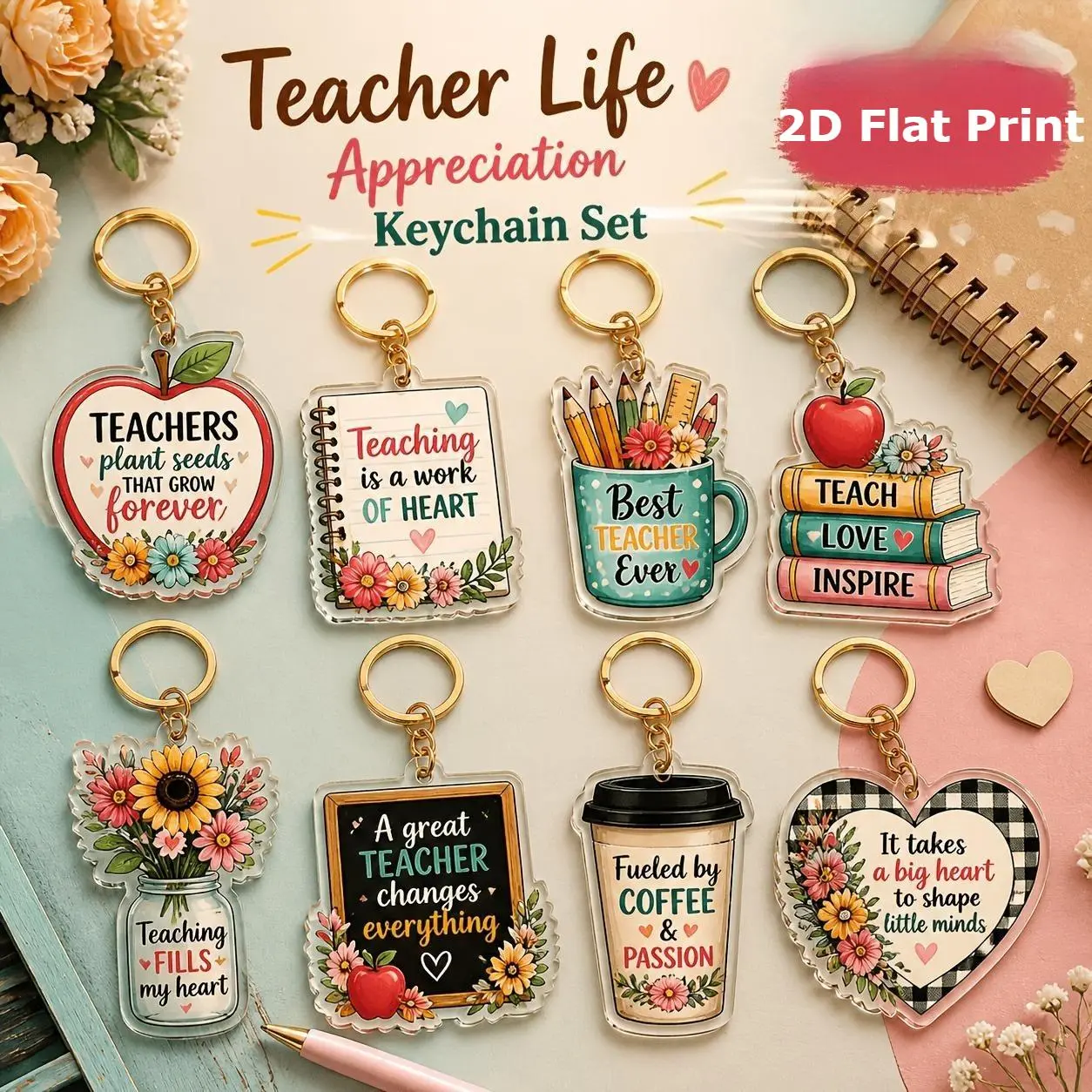 8pcs Motivational Teacher Appreciation Acrylic Keychain 2D Flat Colorful Floral Sayings Bag Charm Thank You Educator Gift