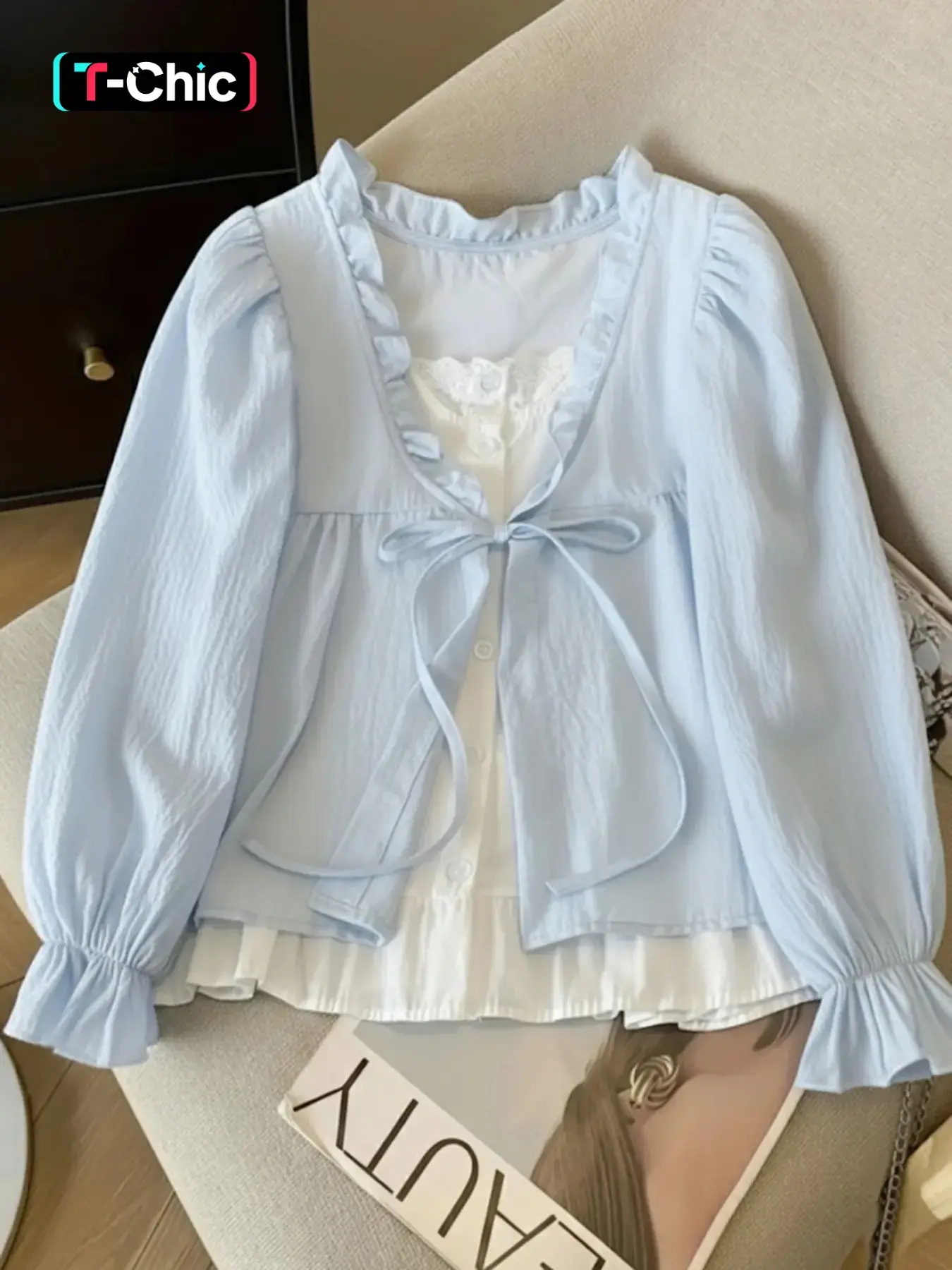 Bubble Sleeve Shirt Blouses with Ruffled Ruffle Edges, Loose-Fitting Solid Pattern Top, Fall & Winter Everyday Fashion, Unlined Clothing for Women
