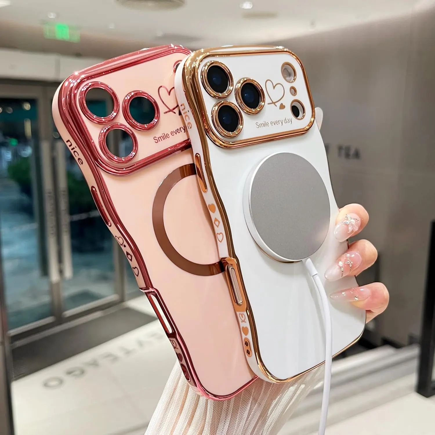 OREKROY Magnetic Magsafe-Compatible TPU Smartphone Casing for iPhone 12/13/14/15/16/17 Pro Max - Curly Wave Plating Frame, Cute Love Heart Decorative Smartphone Protector, Full Camera Lens Protection, Soft Durable Phone Protective Mobile Phone Accessory,