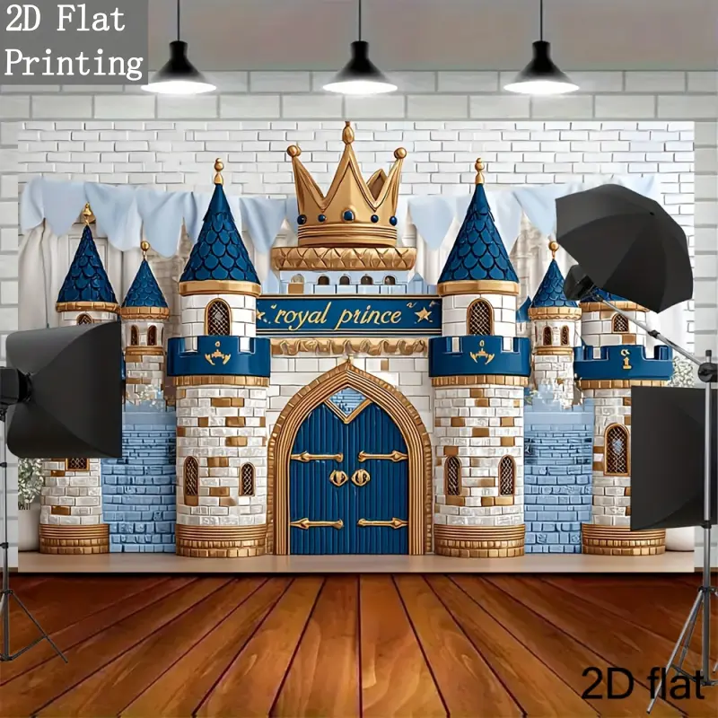 Royal Blue Prince Castle Backdrop, Golden Crown Party Backdrop Decoration, Fairytale Theme Castle Tapestry, 1-Piece Boys Birthday Wall Decor, Flat Print Photo Booth Props with Traceless Nails