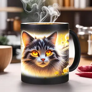 Glowing Golden Eyes Tabby Cat 11oz Black Heat Changing Ceramic Coffee Mug, Fantasy Light Effect Fluffy Feline Print, Mystical Aesthetic Cat Lover Color Morphing Drinkware, Unique Gift for Cat Owners Pet Enthusiasts