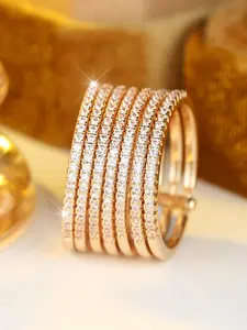 Champagne Gold Tone Ring, Full Circle Zircon, Secure Claw Setting, Elegant Striped Design, All Seasons Jewelry