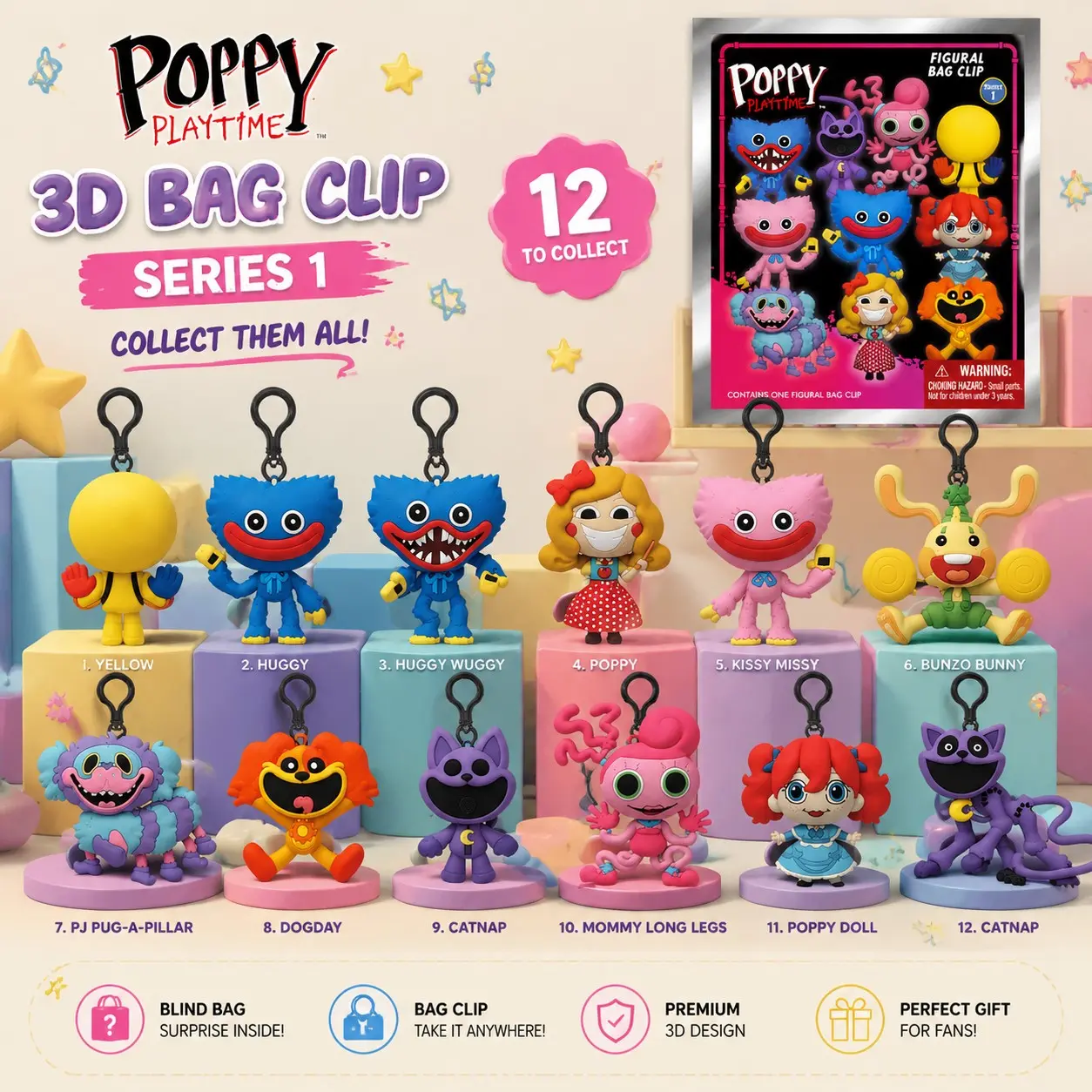 Poppy Playtime 3D Blind Bag Keychain, Huggy Wuggy Catnap Figure, Creepy Kawaii Backpack Clip, Keychain Charm, Gamer Gift, Random Surprise Mystery, Keychain Collectible