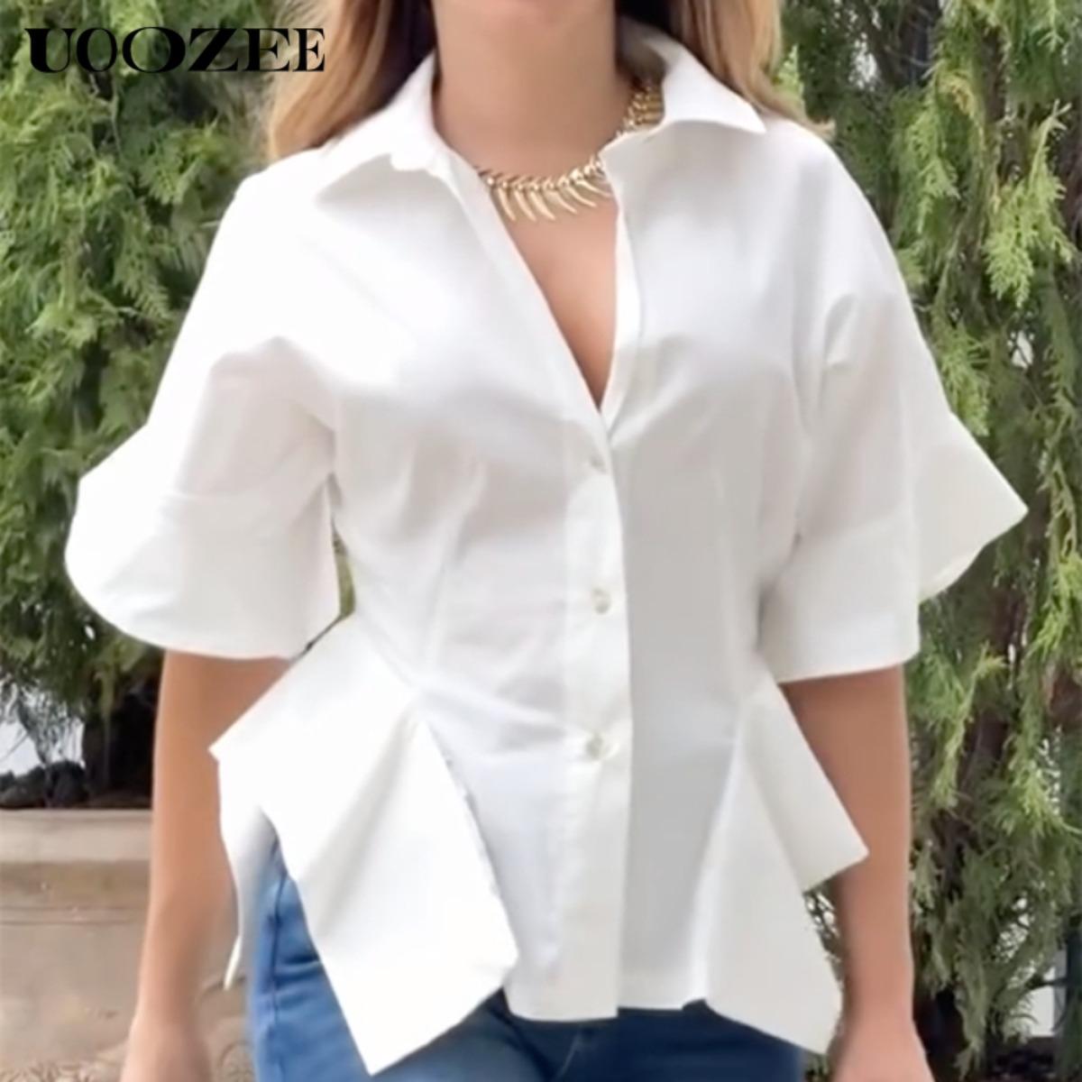 UOOZEE Women's New Summer Solid White 100% Cotton Lapel Collar Half Sleeve Sheer T-shirt, Waisted Irregular Ruffle Hem Loose Fit Buttoned Summer Blouse(One Size Up Recommended for C - Cup and Above) UOOZEE Women's New Summer Solid White 100% Cotton Lapel Collar Half Sleeve Sheer T-shirt, Waisted Irregular Ruffle Hem Loose Fit Buttoned Summer Blouse(One Size Up Recommended for C - Cup and Above)