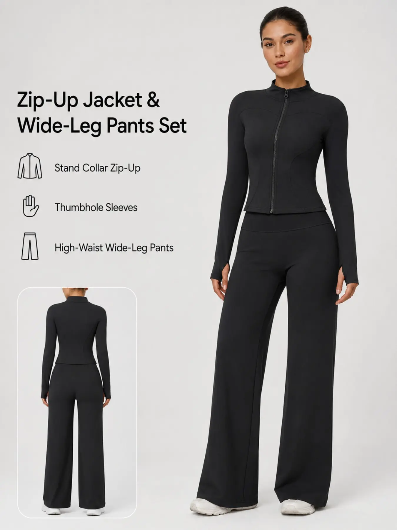 Women 2 Piece Workout Outfit, Sport Knit Set, Mock Neck Zip Up Jacket With Thumb Holes & Stretch Straight Leg Pants, Casual Pilates Fitness Yoga Set For Autumn And Winter