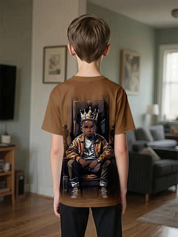 Short-sleeved T-shirt with cool throne coronation print on brown