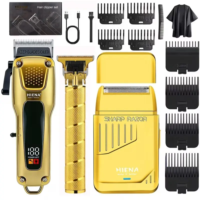 HIENA 3Pcs Hair Clipper Set, Black Gold LED Digital Display Trimmer, USB Recharge Detail Shaver, Sharp Blade Gold Beard Trimmer, Portable Home Haircut Kit, Birthday & Father’s Day Gift for Boyfriend & Friends, Cordless Rechargeable Clippers
