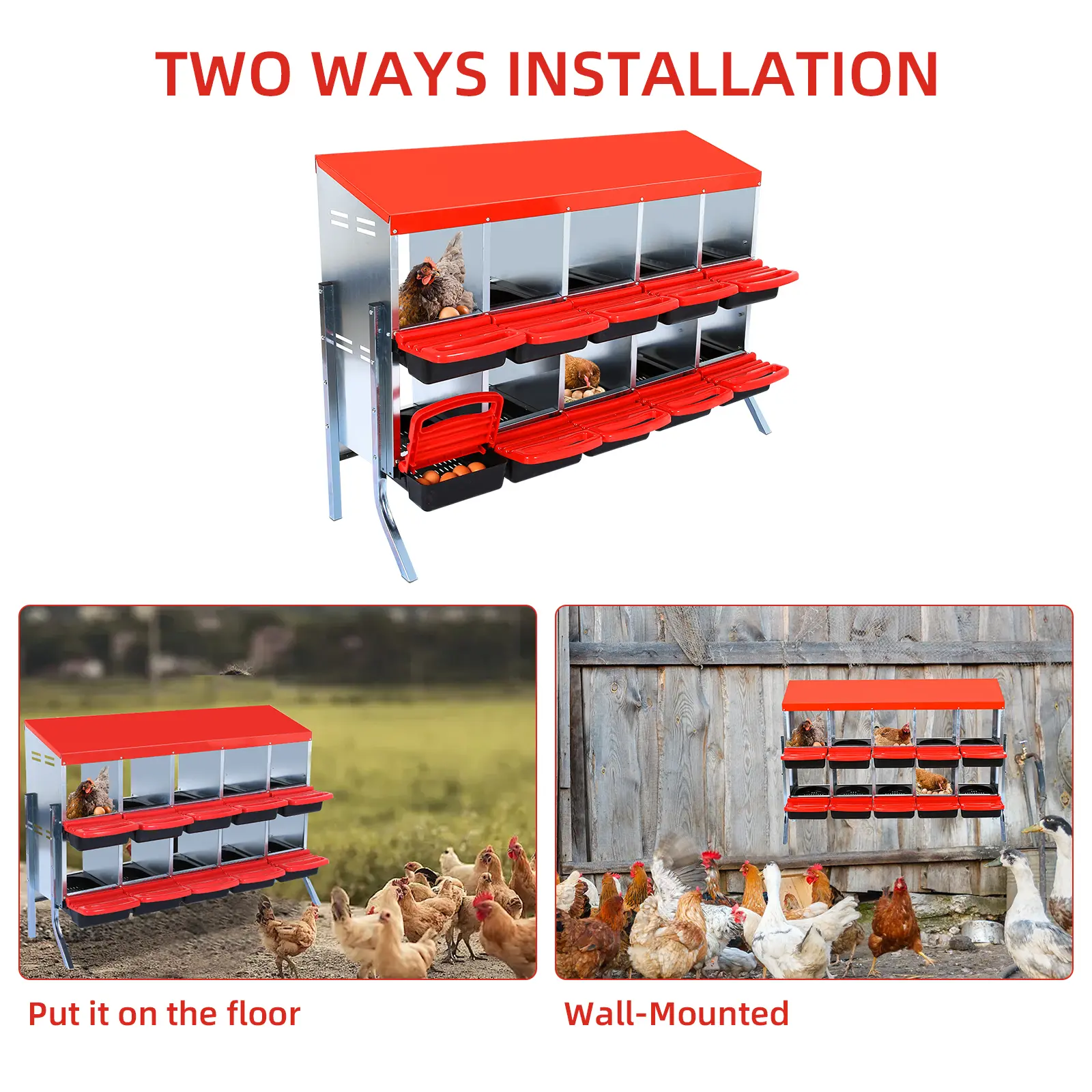 【Garvee】Roll Away Chicken Nesting Box – 10 Compartment – Metal Laying Box, Lid Cover, Easy Egg Collection, Cleanable Trays, Wall Mounted for Hen Coops – Sturdy Poultry Egg Roosting Solution