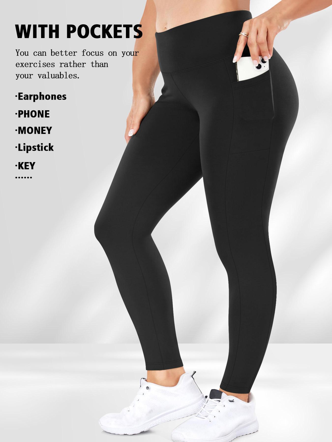 Plus Size Solid High Waist Sports Comfy Gym Workout Leggings with Pocket, Summer Outfits, Casual High Stretch Skinny Pants for Women, Soft Comfortable Women's Bottoms for All Seasons, Stretchy Workout Leggings
