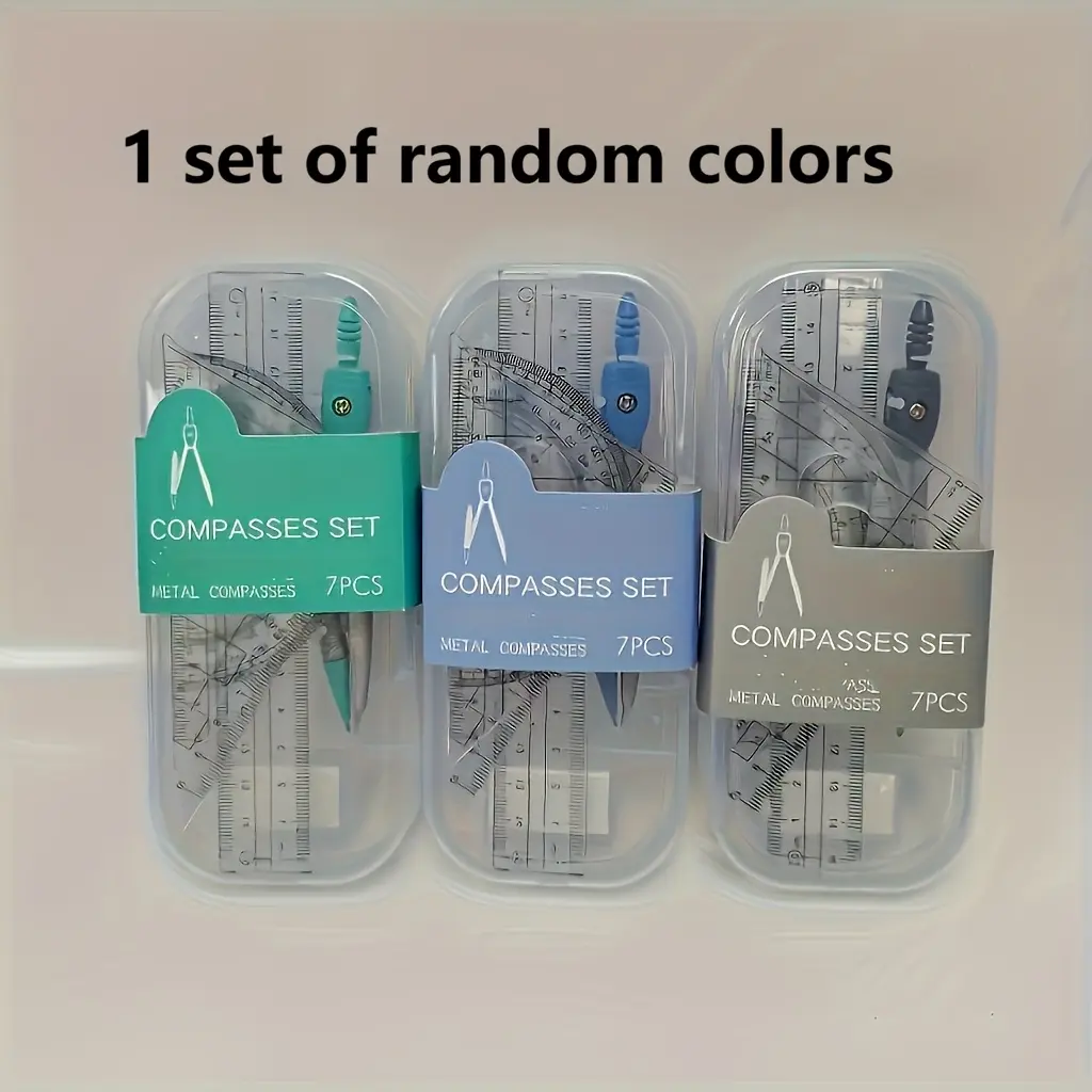 1 Set of 7 Durable Metal Compass Set, Random Color - Exam Grade Compass with Colored Pencils, Ruler, Protractor And Pencil Sharpener - Essential Drawing Tools for Students (Includes Box)