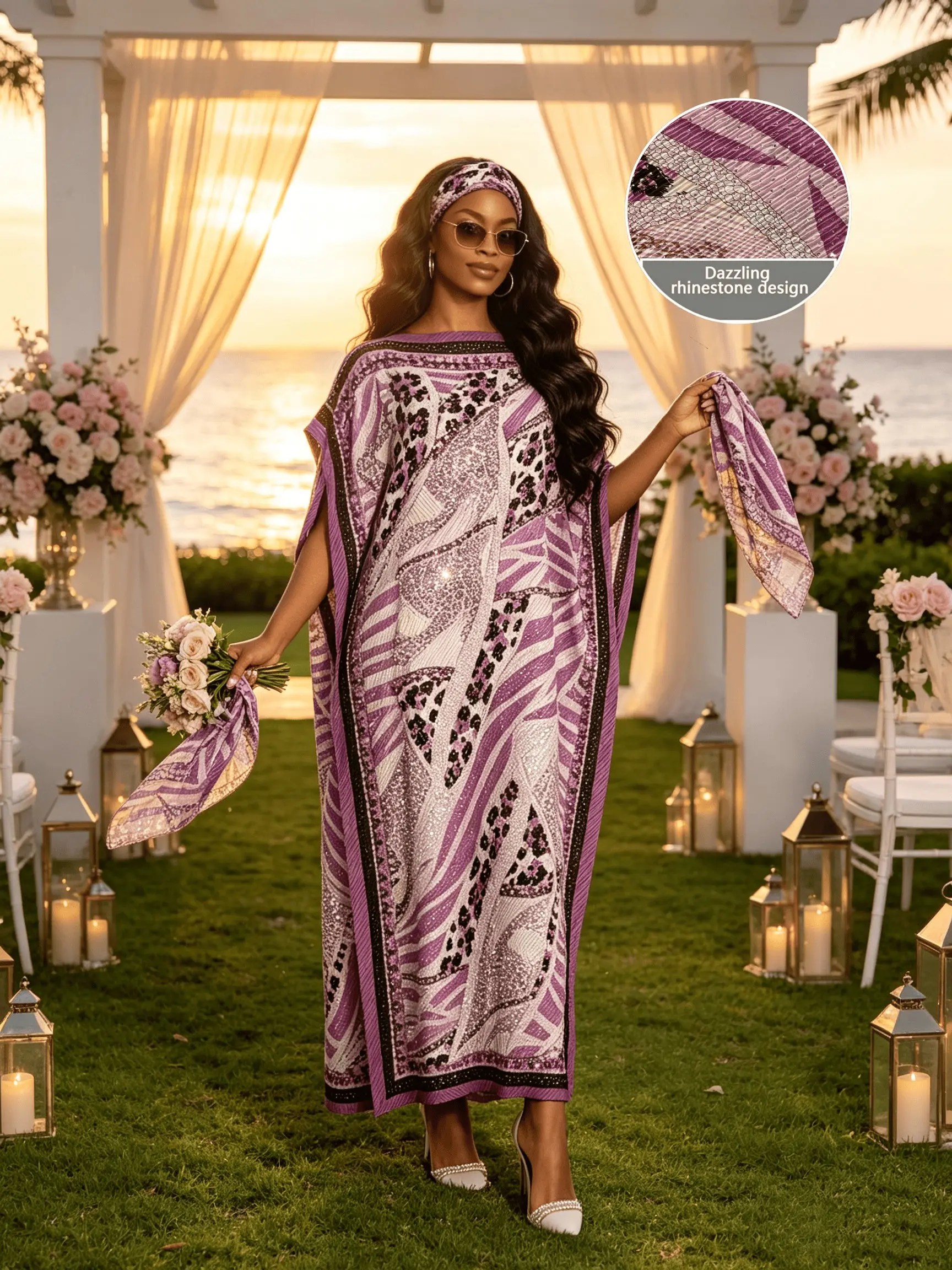Purple White Leopard Geometric Hot Drill Rhinestone Boho Kaftan Two Piece Set With Head Scarf, Oversized Split Hem Maxi Robe, Soft Glam Beach Cover Up For Resort Loungewear Night Dress, Fits Plus Size Curvy Figures