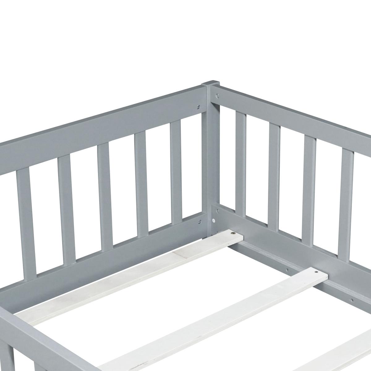 Twin Size Floor Bed with Fence without Door, Twin/Full/Queen Size Bed Floor Bed with Safety Guardrails and Door,Twin/Full Size Montessori Floor Bed for Kids, Solid Wood Bed Frame with Fence, Door & Safety Guardrails, CPC Certified