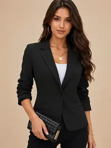 2026 European and American-style Women's Elegant Chic Casual Black Blazer with Fake Pockets, Professional Office Wear, Slim-Fit Fitted Bell-Sleeve Business Suit Jacket, Single-Button Formal Work Blazer, Suitable for Office Women, Women's Blazer