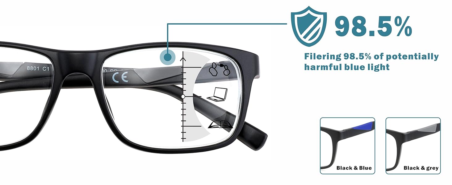 Bifocal Reading Glasses For Men,Large Progressive No Line Bifocals Readers,Wide Clear Top Transition Multifocus Eyeglasses,Lightweight Blue Light Dual Viosion Multifocal Reader Xl Frame +3.0