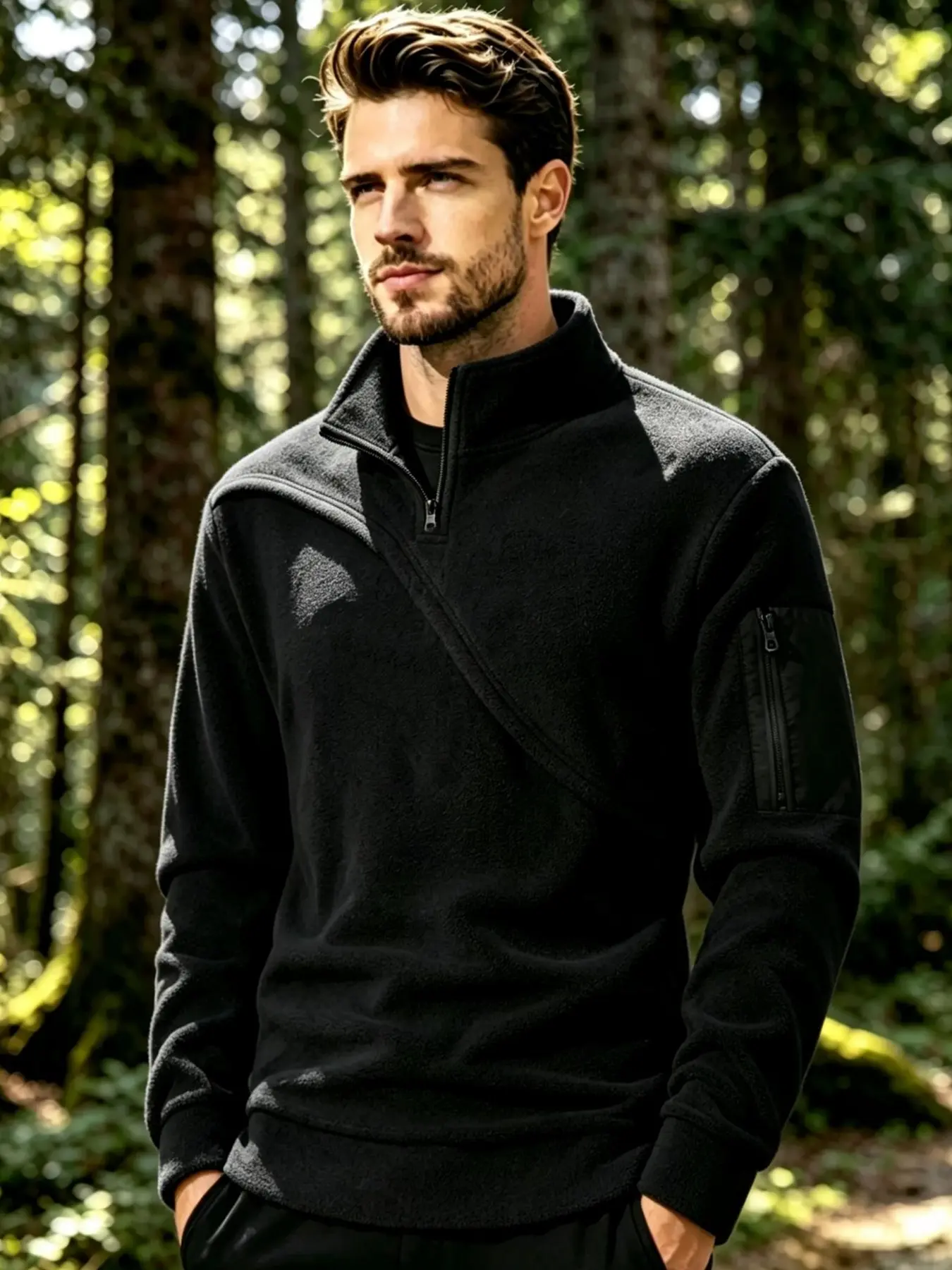 Men's asymmetric design stand collar knitted pullover sweater with arm pockets, breathable and comfortable long-sleeved top, suitable for daily outdoor wear in autumn and winter