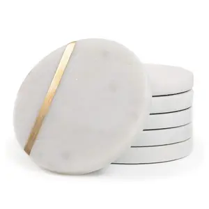 4 Inch Round Natural White Marble Coasters with Gold Brass Inlay, Semi Absorbent Stone Drink Coasters with Soft Non-Slip Backing, Unique Veining Cup Mats for Coffee Wine Mugs Table Decor Housewarming Gift
