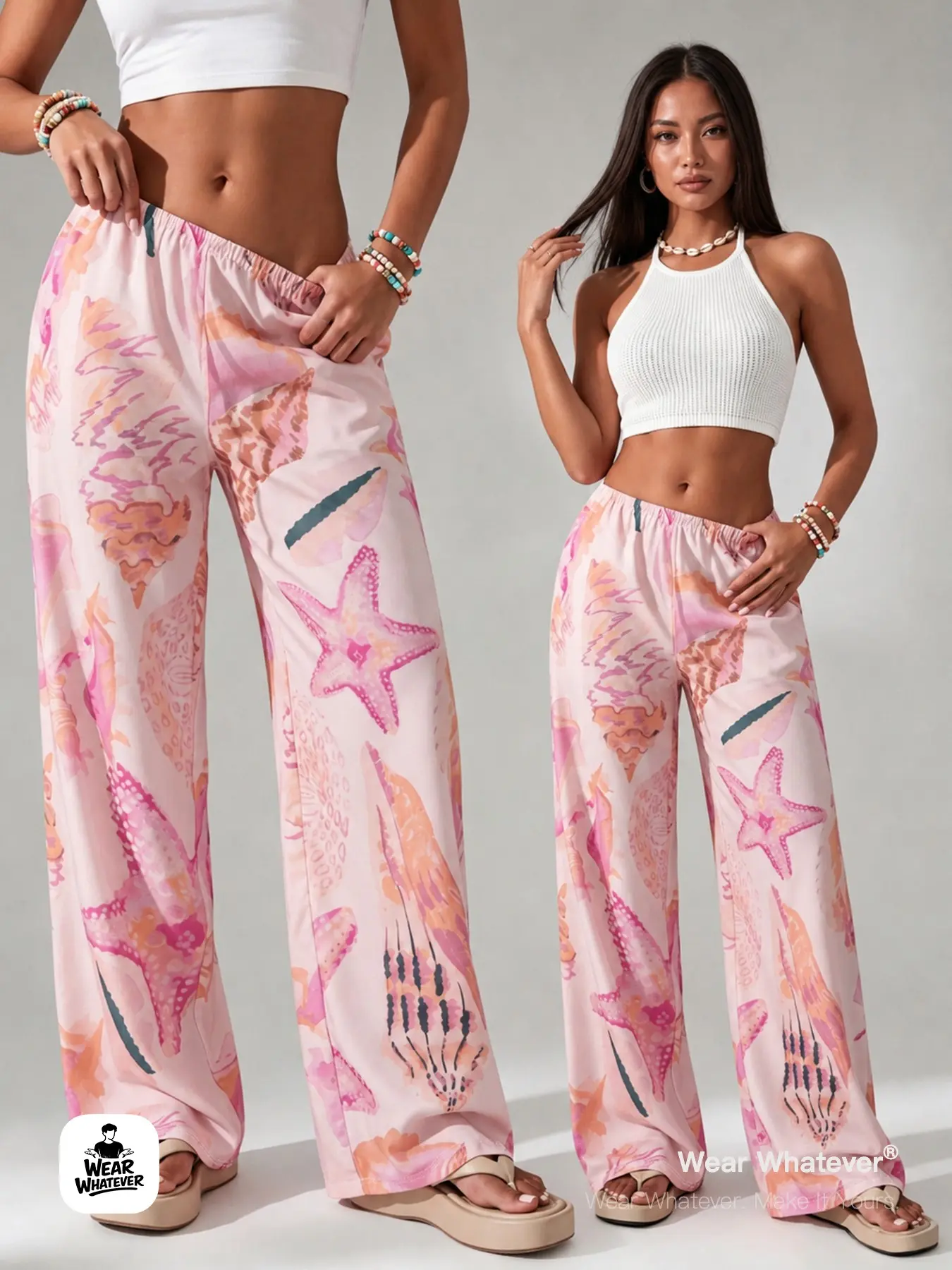 Wear Whatever Women's Tropical Pastel Seashell Print Wide Leg Pants, Elastic Waist Flowy Beach Vacation Pants for Summer Resort, Travel, Lounge and Coastal Casual Outfits Bottoms