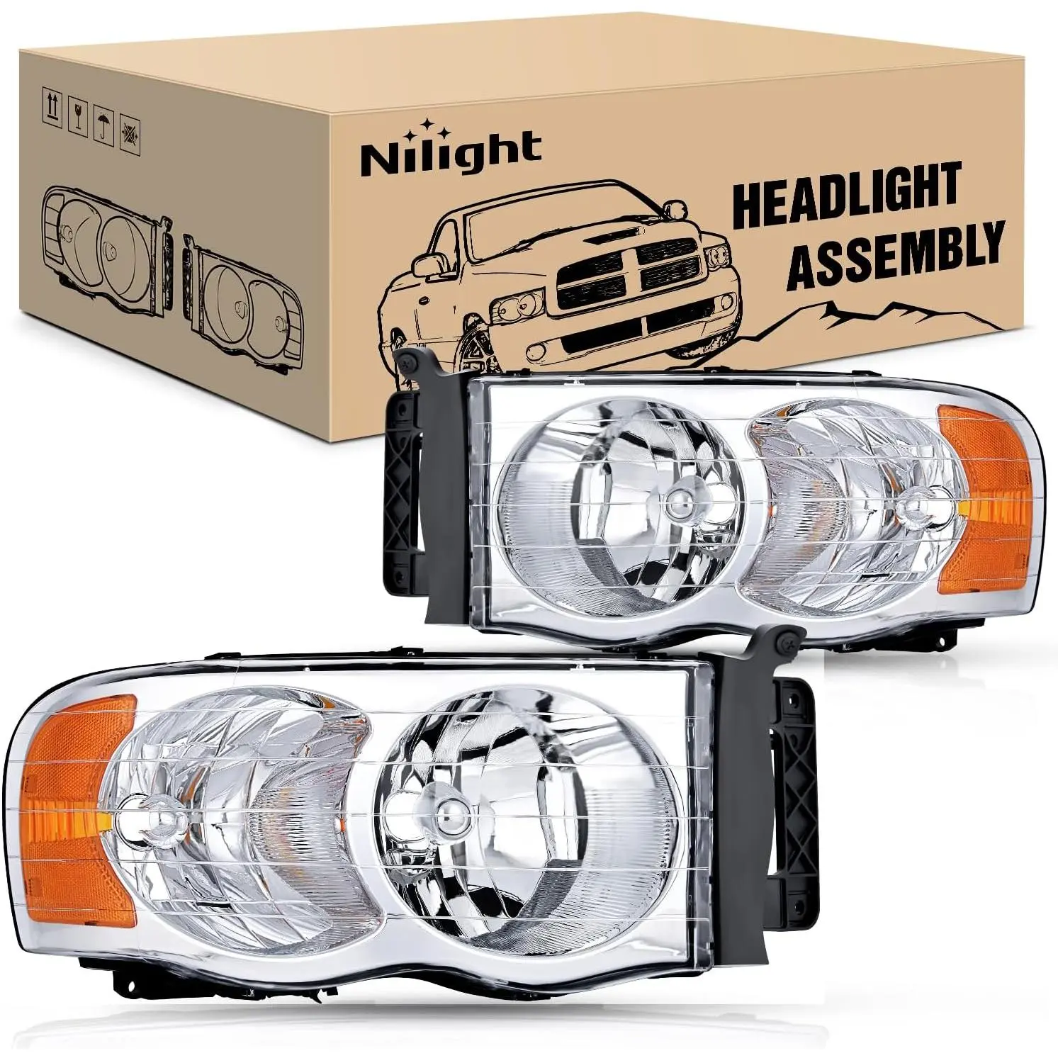 Nilight Car Lighting Headlight Assembly Set for 2002-2005 Ram Trucks 1500/2500/3500, Chrome Housing, Amber Corner, Anti-Fogging, IP65, Driver & Passenger Side 2-Pack Replacement Headlamps