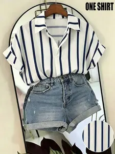 Women's Striped Shirt, Loose Batwing Sleeve Short Sleeve Pullover, Casual Vacation Top, Daily Commute Business Shirt, Printed Blouse
