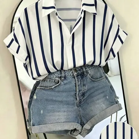 Women's Striped Shirt, Aesthetic Loose Batwing Sleeve Short Sleeve Pullover, Casual Vacation Top, Daily Commute Business Shirt, Printed Blouse